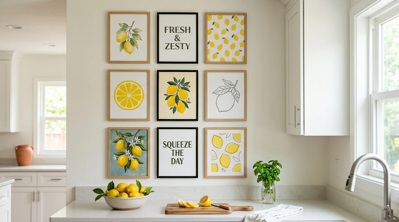 Kitchen wall with lemon-themed framed art